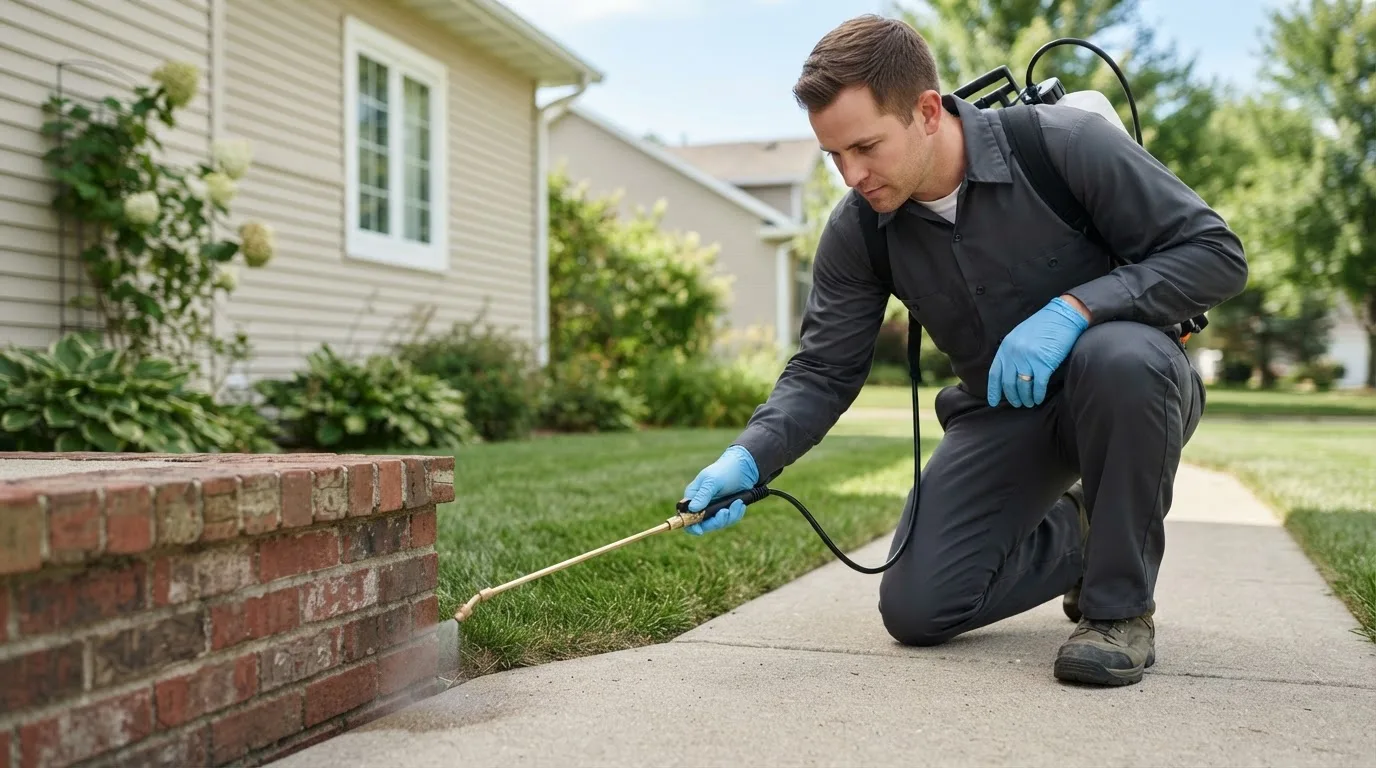 Pest control technician treating a home near Leesburg, AL